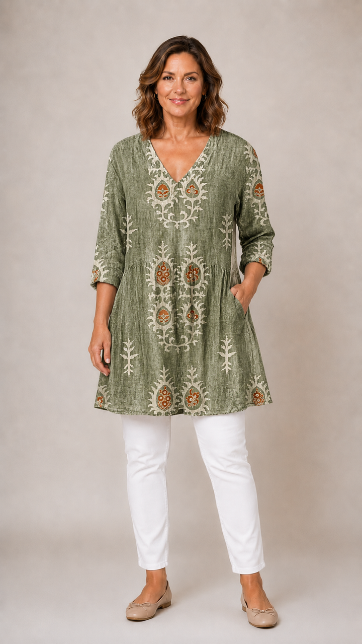 Aldwyn | Women's Linen Tunic Top Boho Print - Sage - Image 1