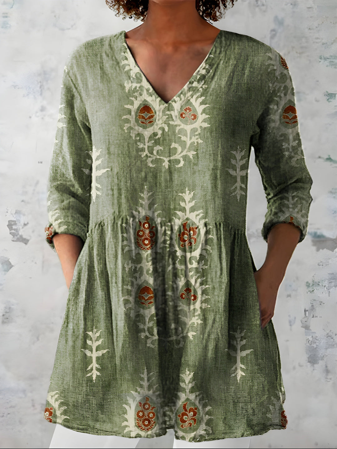 Aldwyn | Women's Linen Tunic Top Boho Print - Sage - Image 2