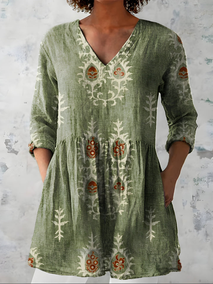 Aldwyn | Women's Linen Tunic Top Boho Print - Sage - Image 2