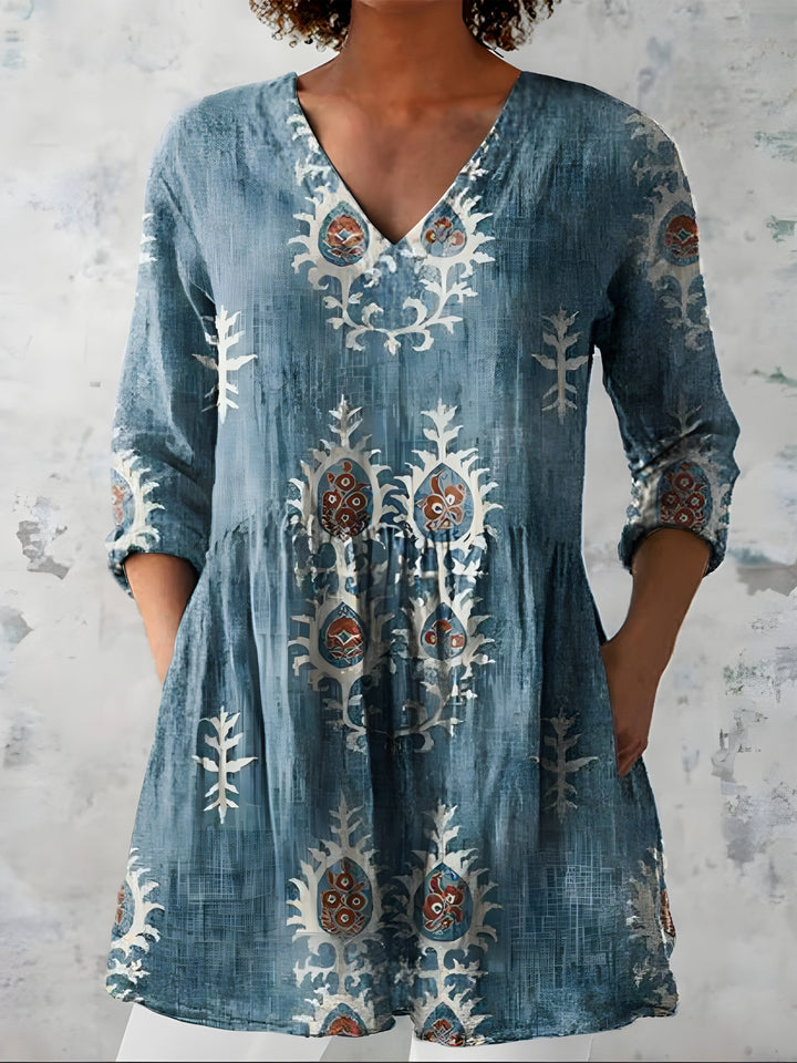 Aldwyn | Women's Linen Tunic Top Boho Print - Sage - Image 3