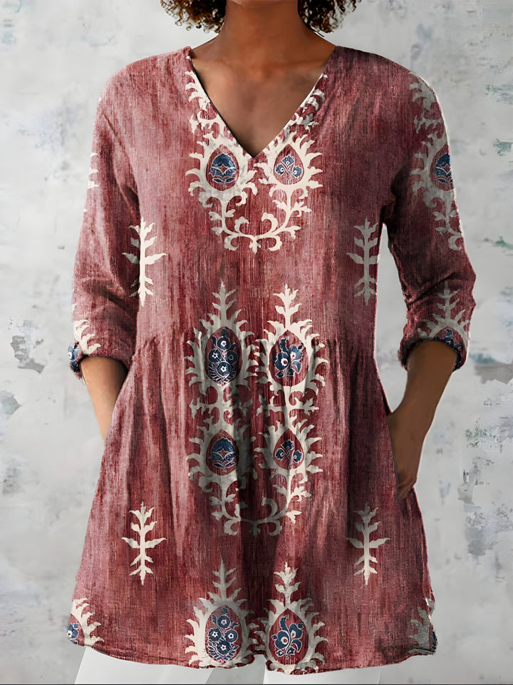 Aldwyn | Women's Linen Tunic Top Boho Print - Sage - Image 4