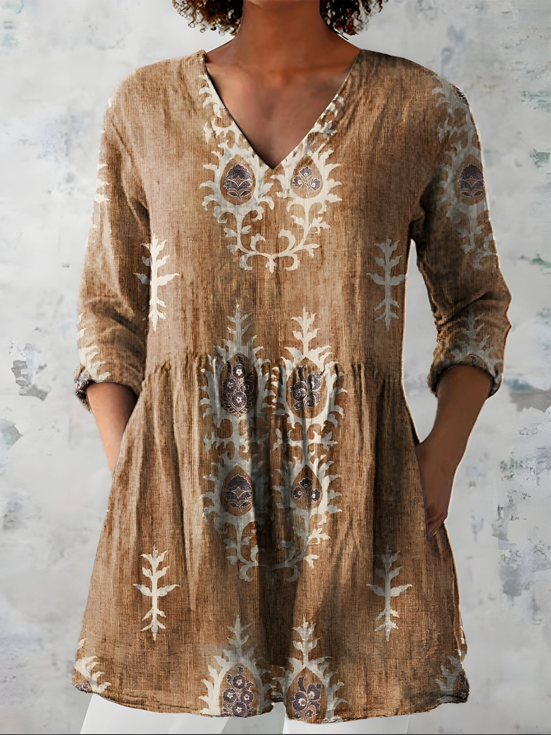 Aldwyn | Women's Linen Tunic Top Boho Print - Sage - Image 5