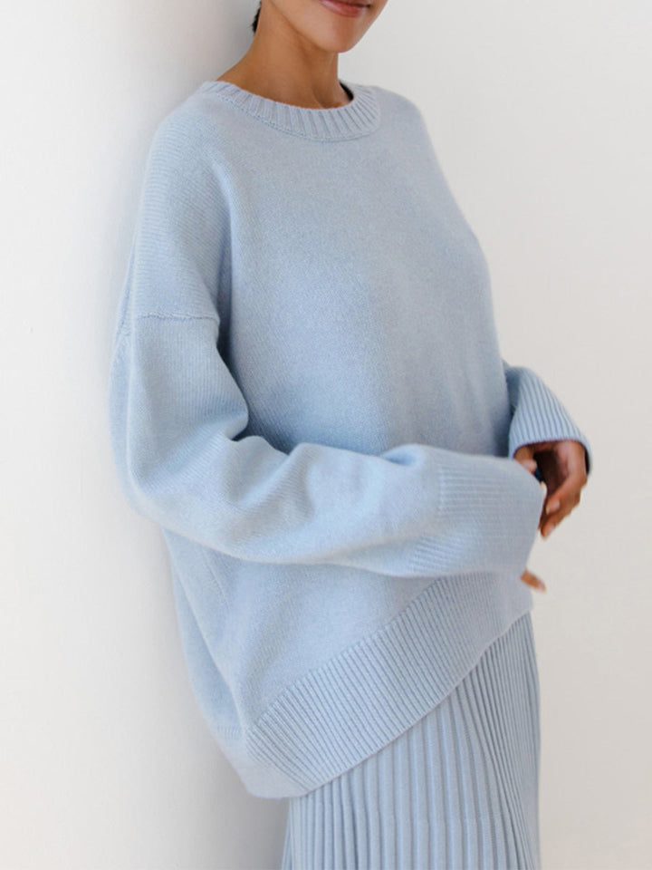 Anara | Women's Oversized Crew Neck Knit Jumper - Baby Blue - Image 2