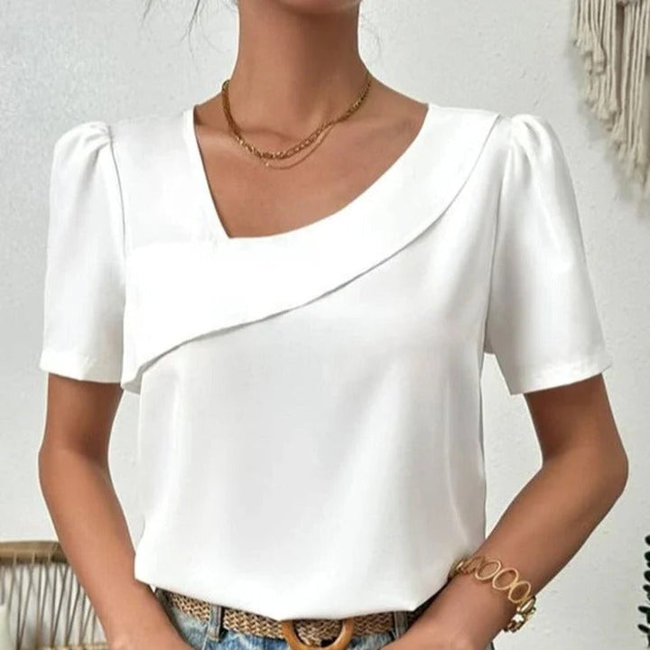 Ardenne | Women's Linen Top Asymmetric Drape Blouse - White - Image 1