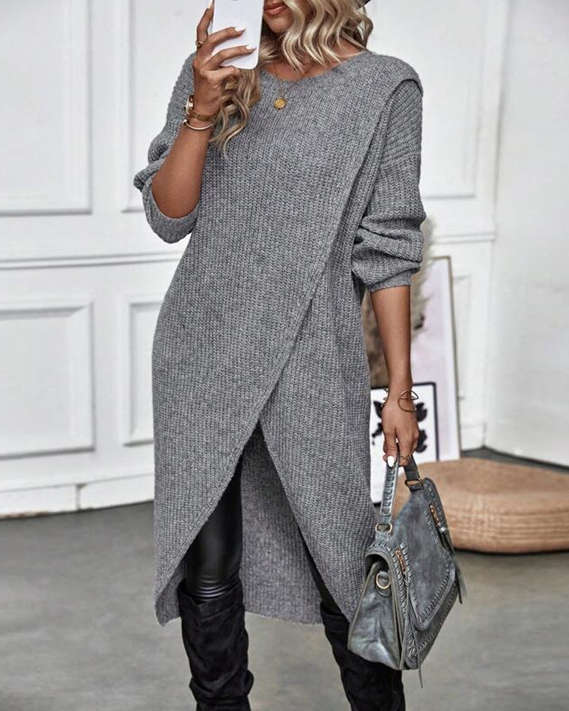 Artemis | Women's Asymmetrical Long Sleeve Tunic Sweater - Grey - Image 1