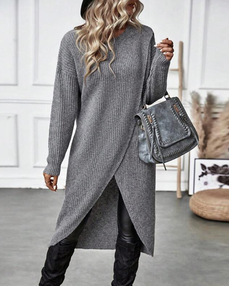 Artemis | Women's Asymmetrical Long Sleeve Tunic Sweater - Grey - Image 4