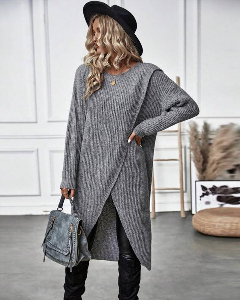 Artemis | Women's Asymmetrical Long Sleeve Tunic Sweater - Grey - Image 5