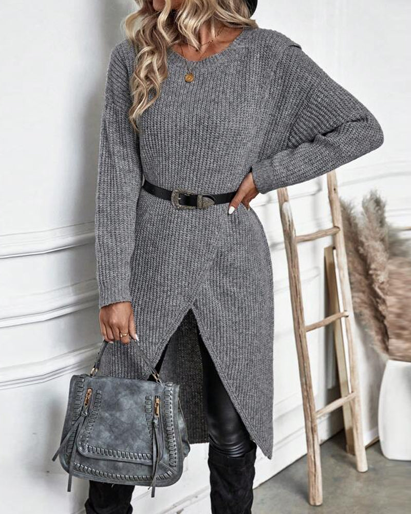 Artemis | Women's Asymmetrical Long Sleeve Tunic Sweater - Grey - Image 7