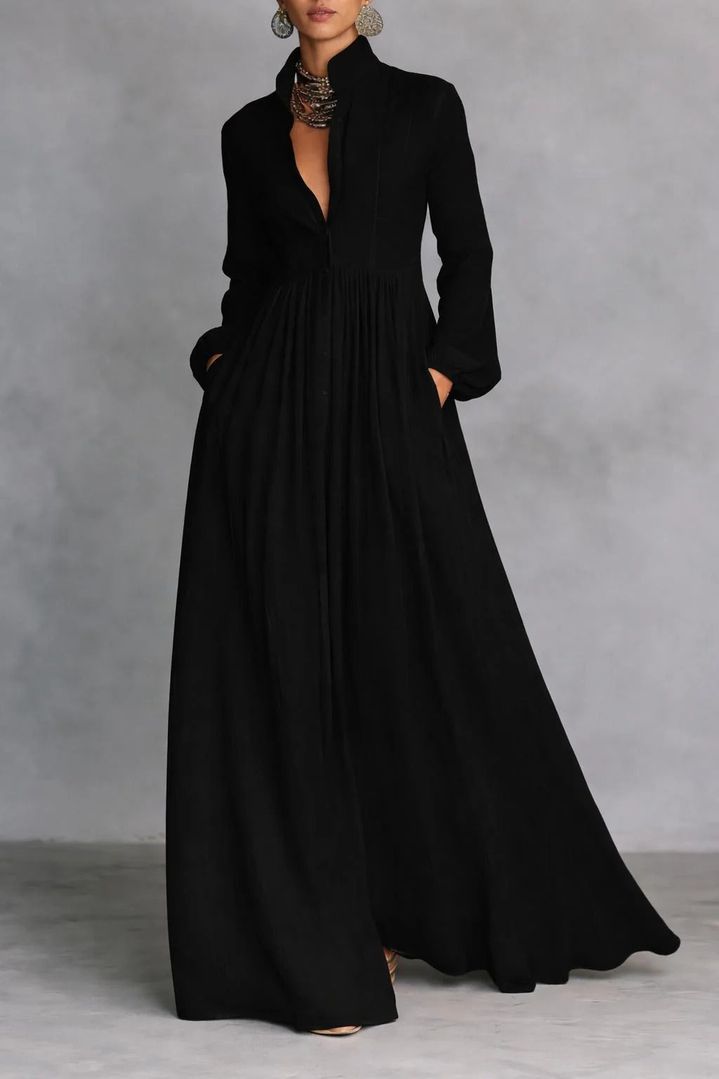 Arvelle | Women's Long Sleeve Flowy Maxi Dress - Black - Image 1
