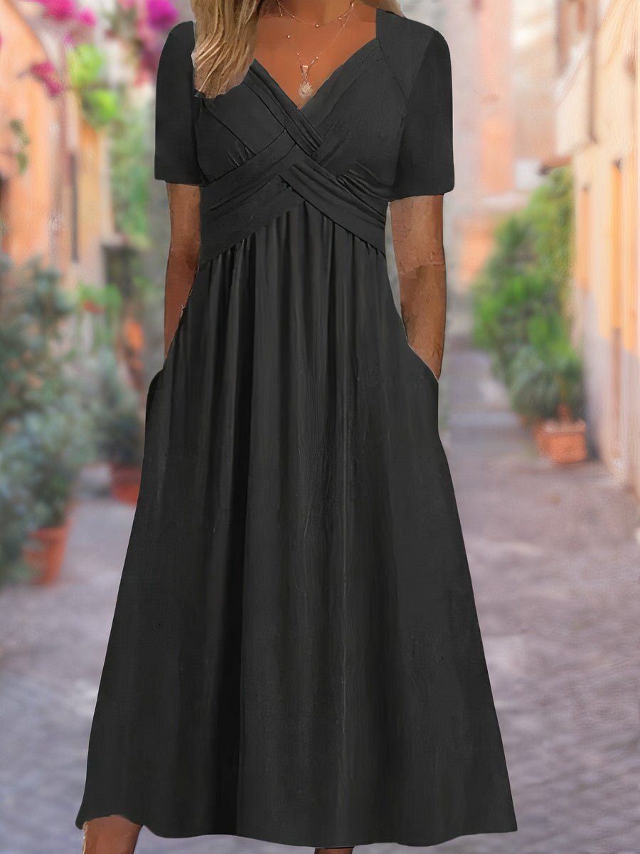 Arvelle | Women's V-Neck Empire Waist Midi Dress - Black - Image 1