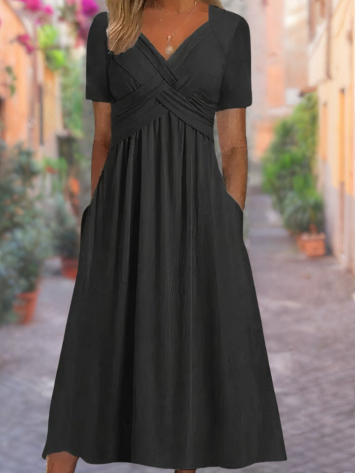 Arvelle | Women's V-Neck Empire Waist Midi Dress - Black - Image 1