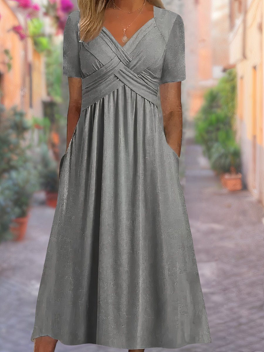 Arvelle | Women's V-Neck Empire Waist Midi Dress - Black - Image 2