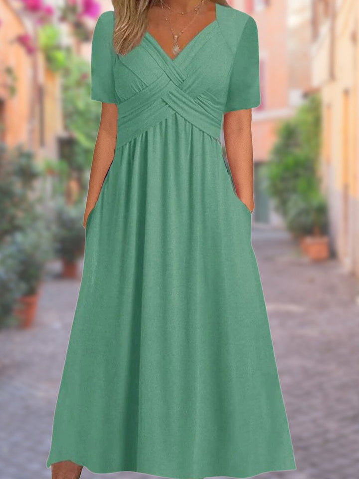 Arvelle | Women's V-Neck Empire Waist Midi Dress - Black - Image 4