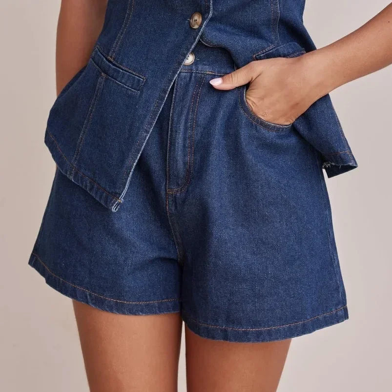 Arvenne | Women's Denim Shorts Co-ord Set - Blue - Image 11