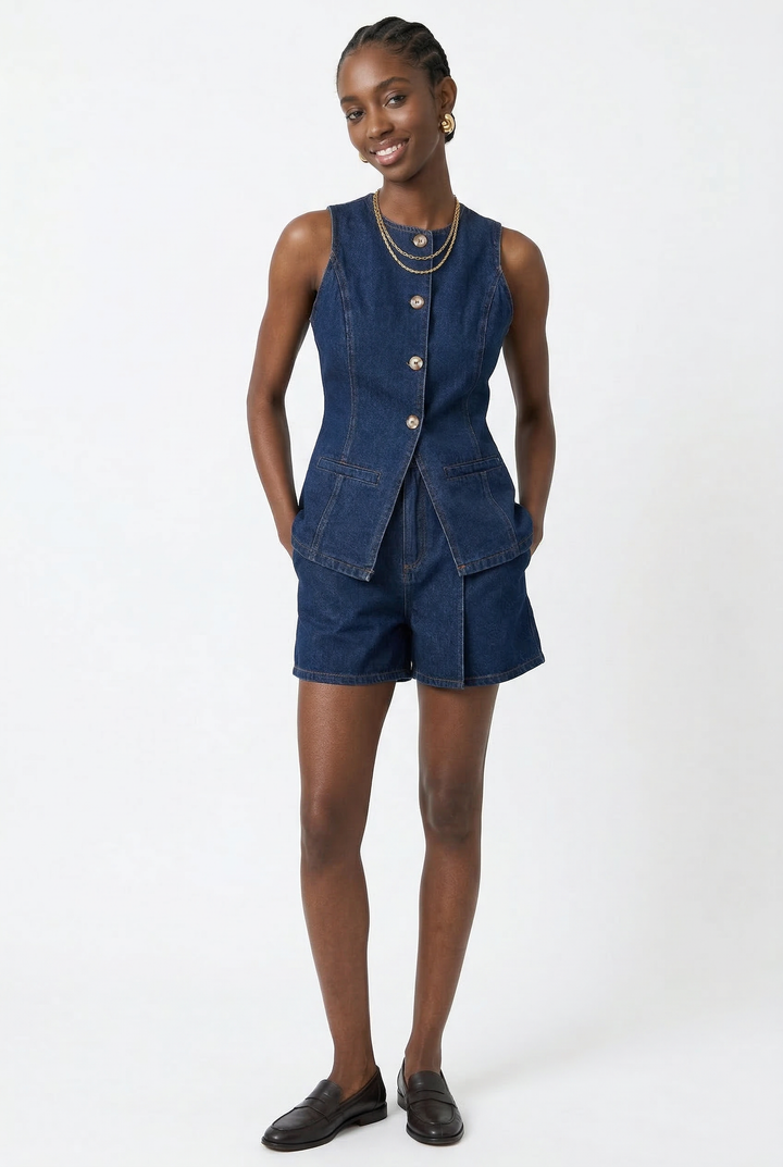 Arvenne | Women's Denim Shorts Co-ord Set - Blue - Image 2