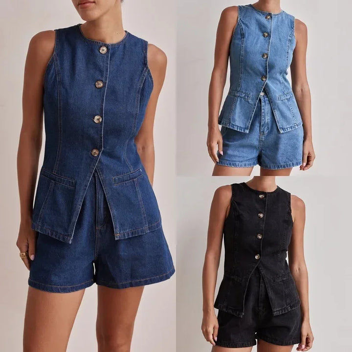 Arvenne | Women's Denim Shorts Co-ord Set - Blue - Image 6