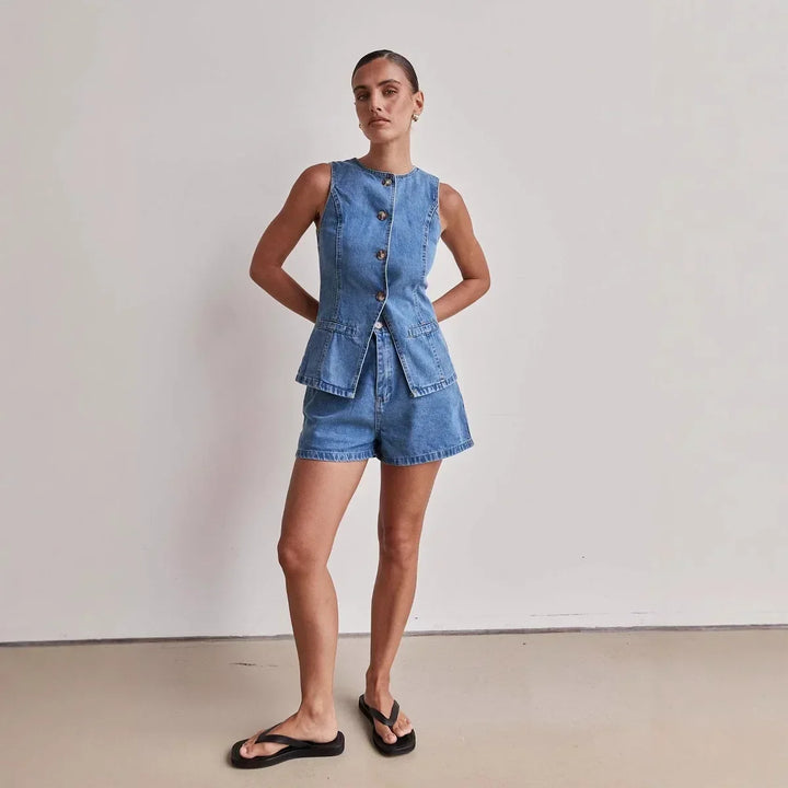 Arvenne | Women's Denim Shorts Co-ord Set - Blue - Image 7