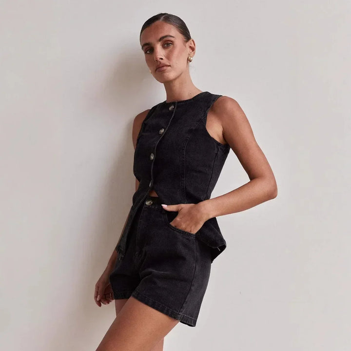 Arvenne | Women's Denim Shorts Co-ord Set - Blue - Image 8