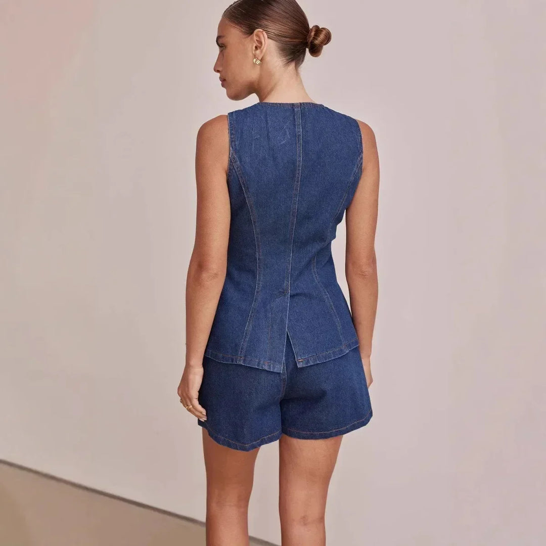 Arvenne | Women's Denim Shorts Co-ord Set - Blue - Image 9