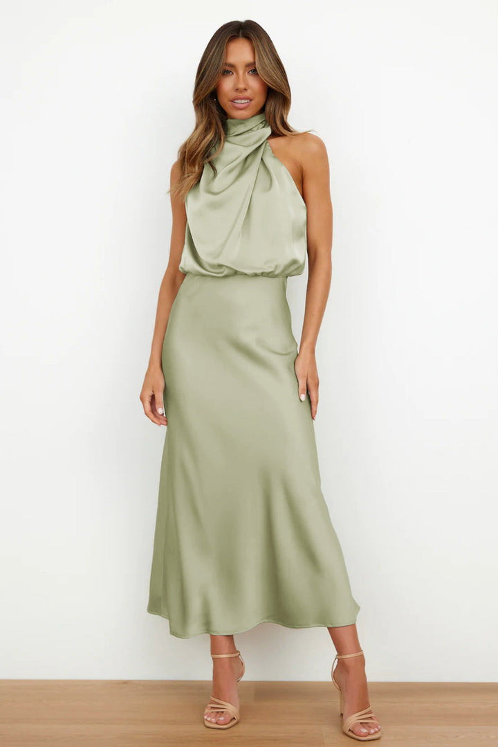 Arvindel | Women's Wedding Guest Halter Neck Midi Dress - Sage - Image 1