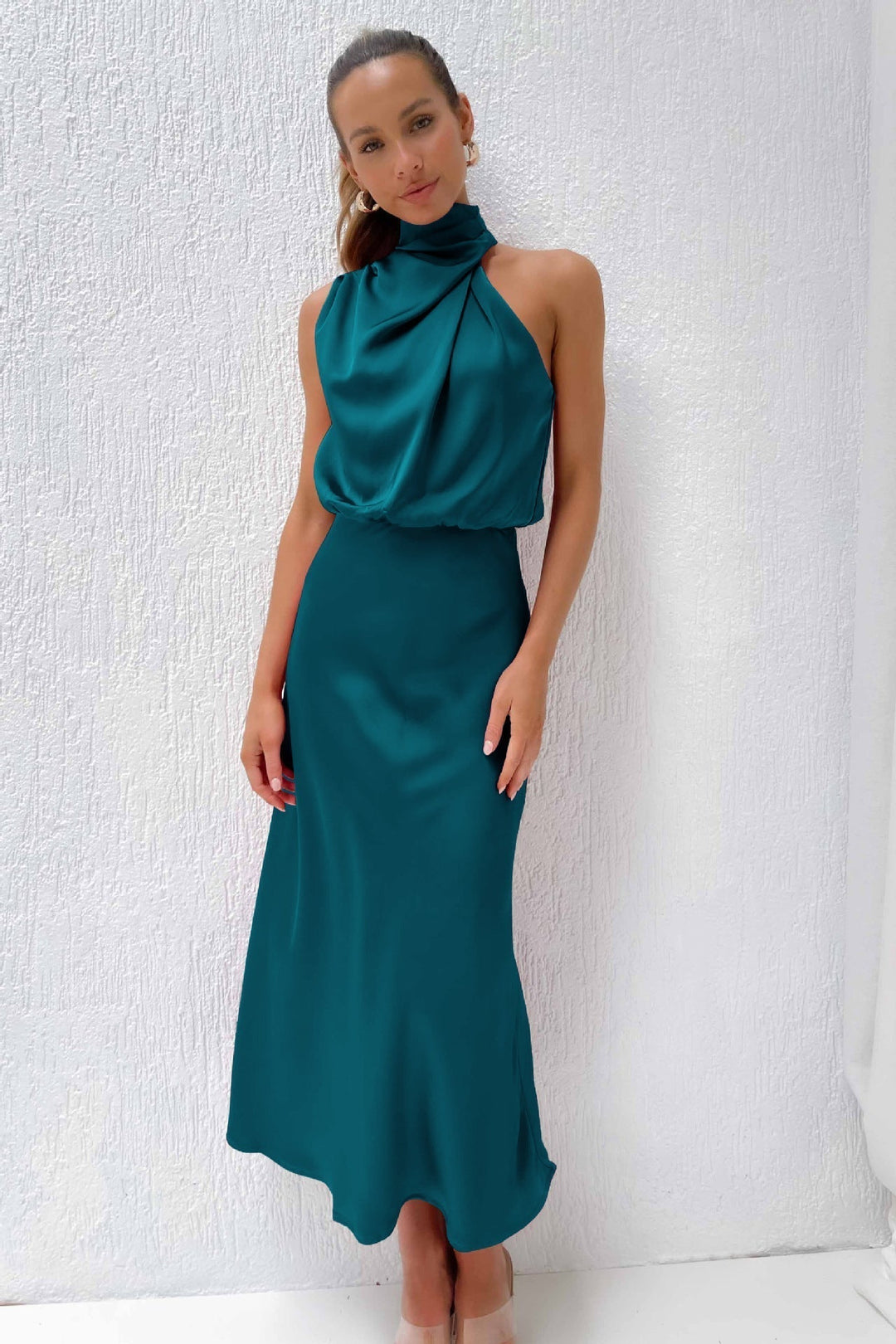 Arvindel | Women's Wedding Guest Halter Neck Midi Dress - Sage - Image 11