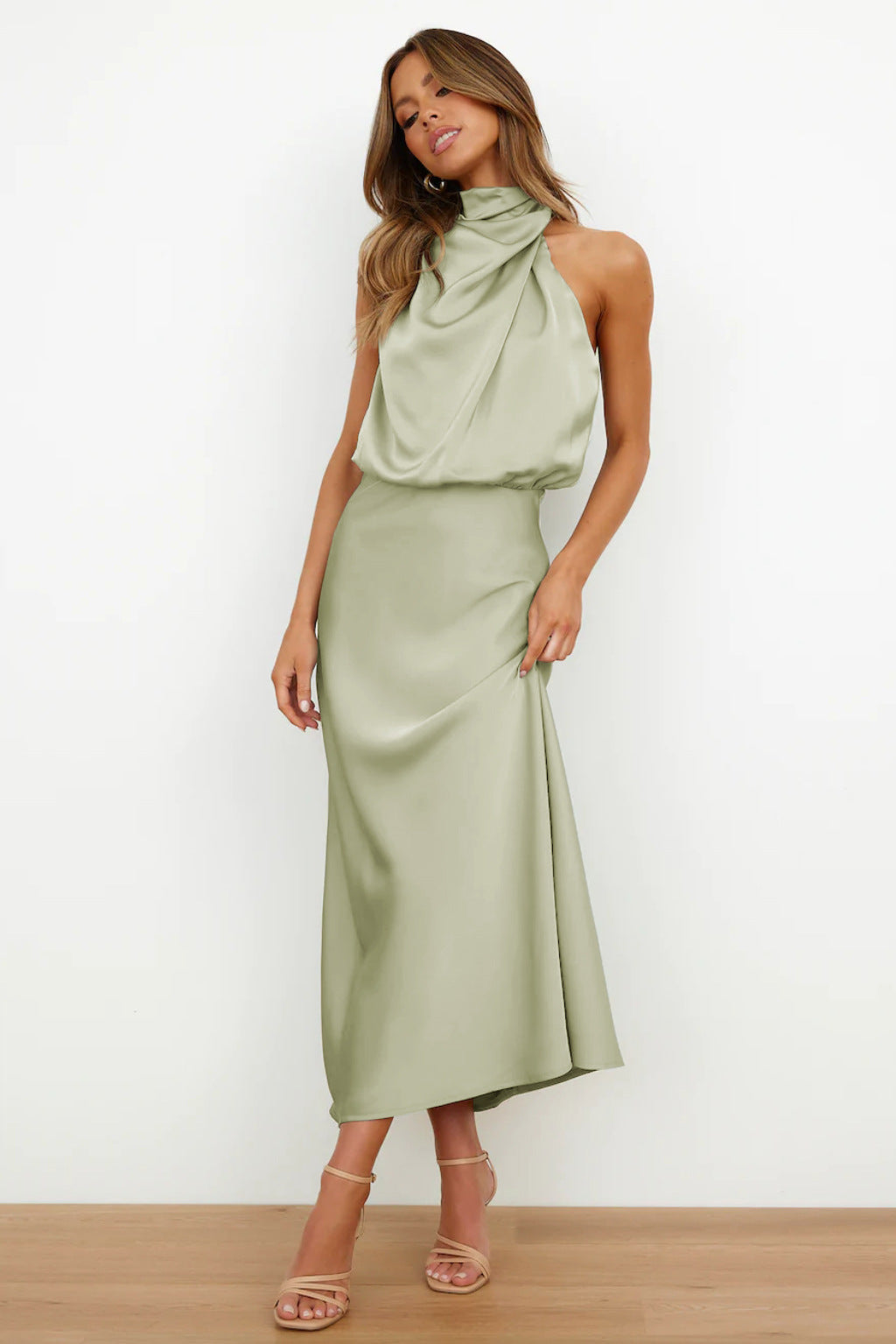 Arvindel | Women's Wedding Guest Halter Neck Midi Dress - Sage - Image 2