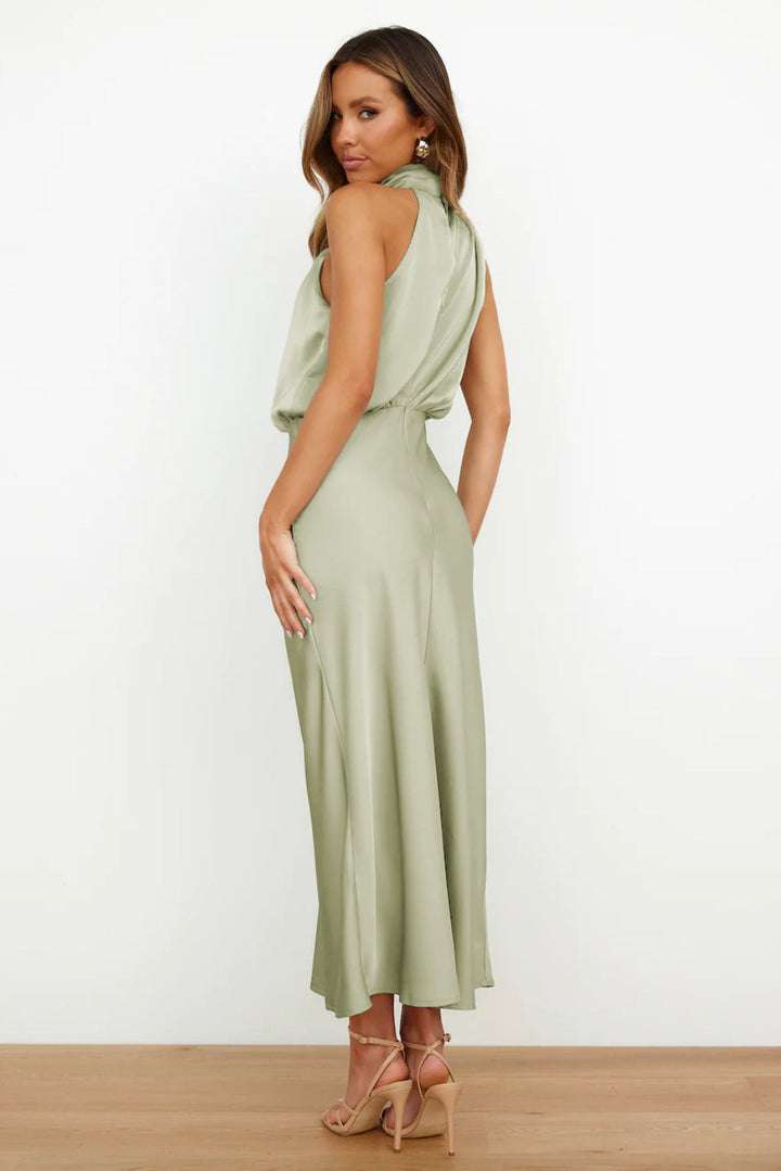 Arvindel | Women's Wedding Guest Halter Neck Midi Dress - Sage - Image 3