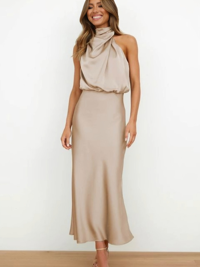 Arvindel | Women's Wedding Guest Halter Neck Midi Dress - Sage - Image 4