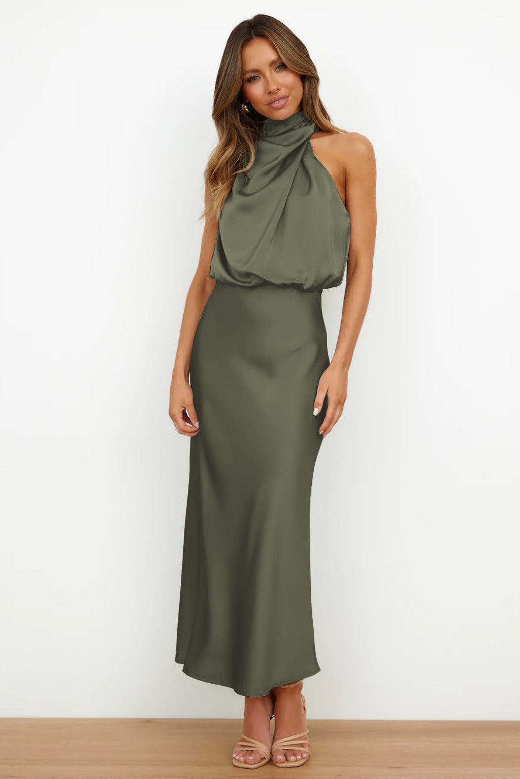 Arvindel | Women's Wedding Guest Halter Neck Midi Dress - Sage - Image 8