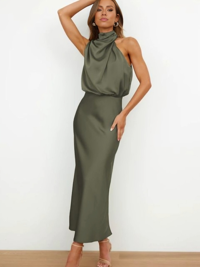 Arvindel | Women's Wedding Guest Halter Neck Midi Dress - Sage - Image 9