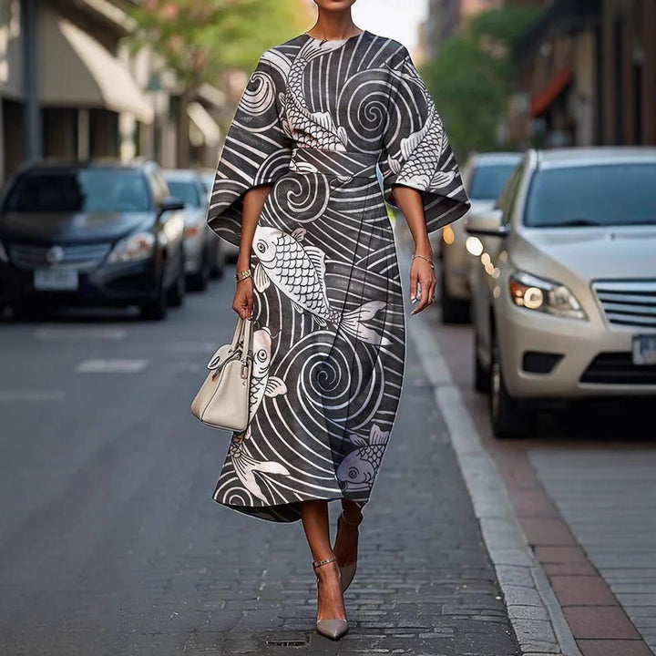 Asena | Women's Batwing Sleeve Midi Dress Abstract Print - Image 4