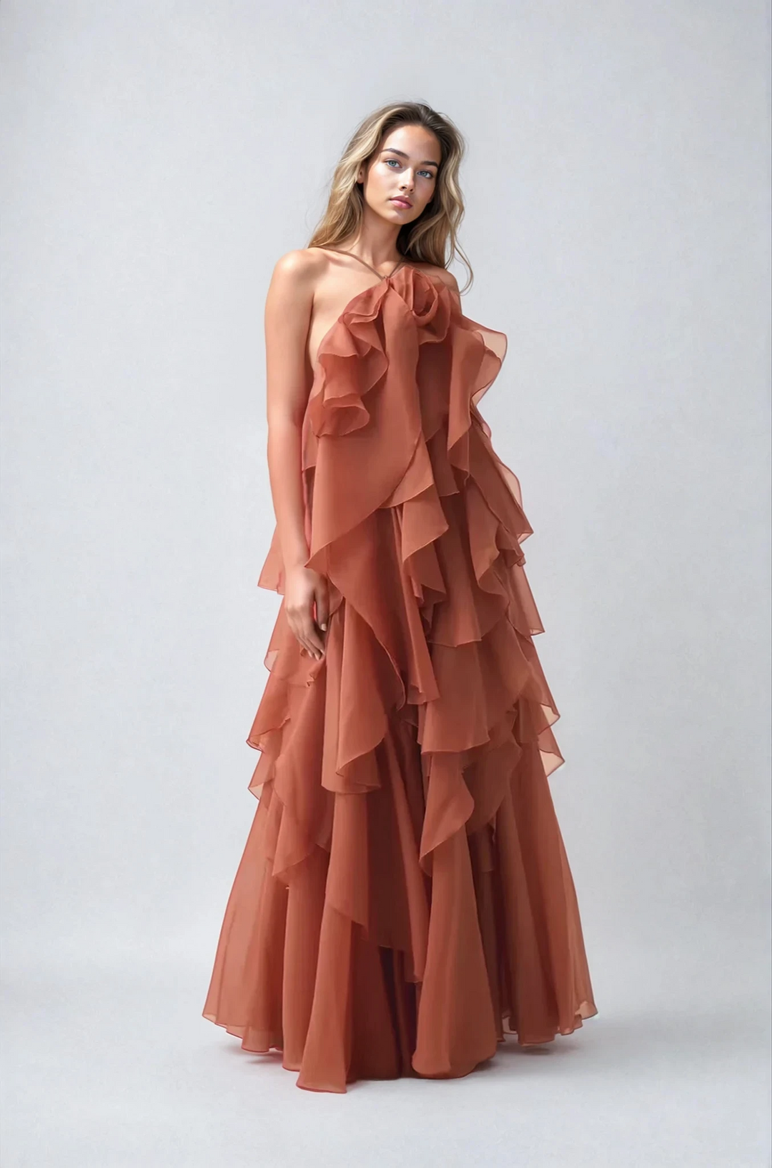 Asena | Women's Long Ruffle Halter Dress - Coral - Image 1