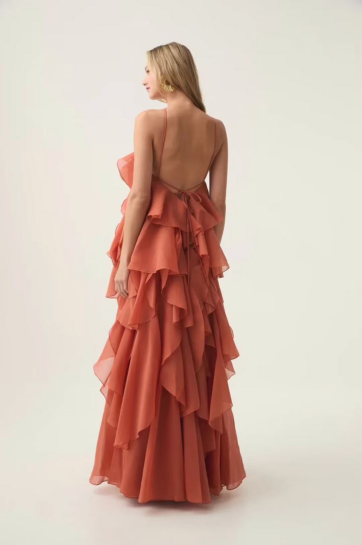 Asena | Women's Long Ruffle Halter Dress - Coral - Image 2