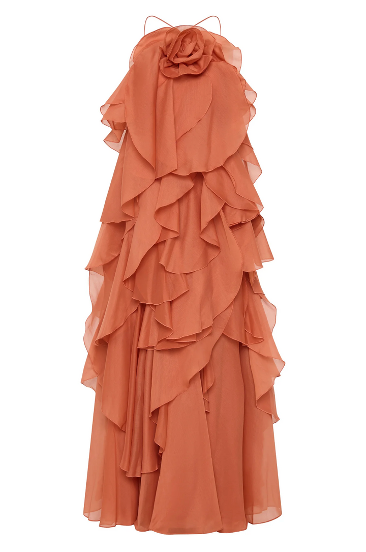 Asena | Women's Long Ruffle Halter Dress - Coral - Image 3