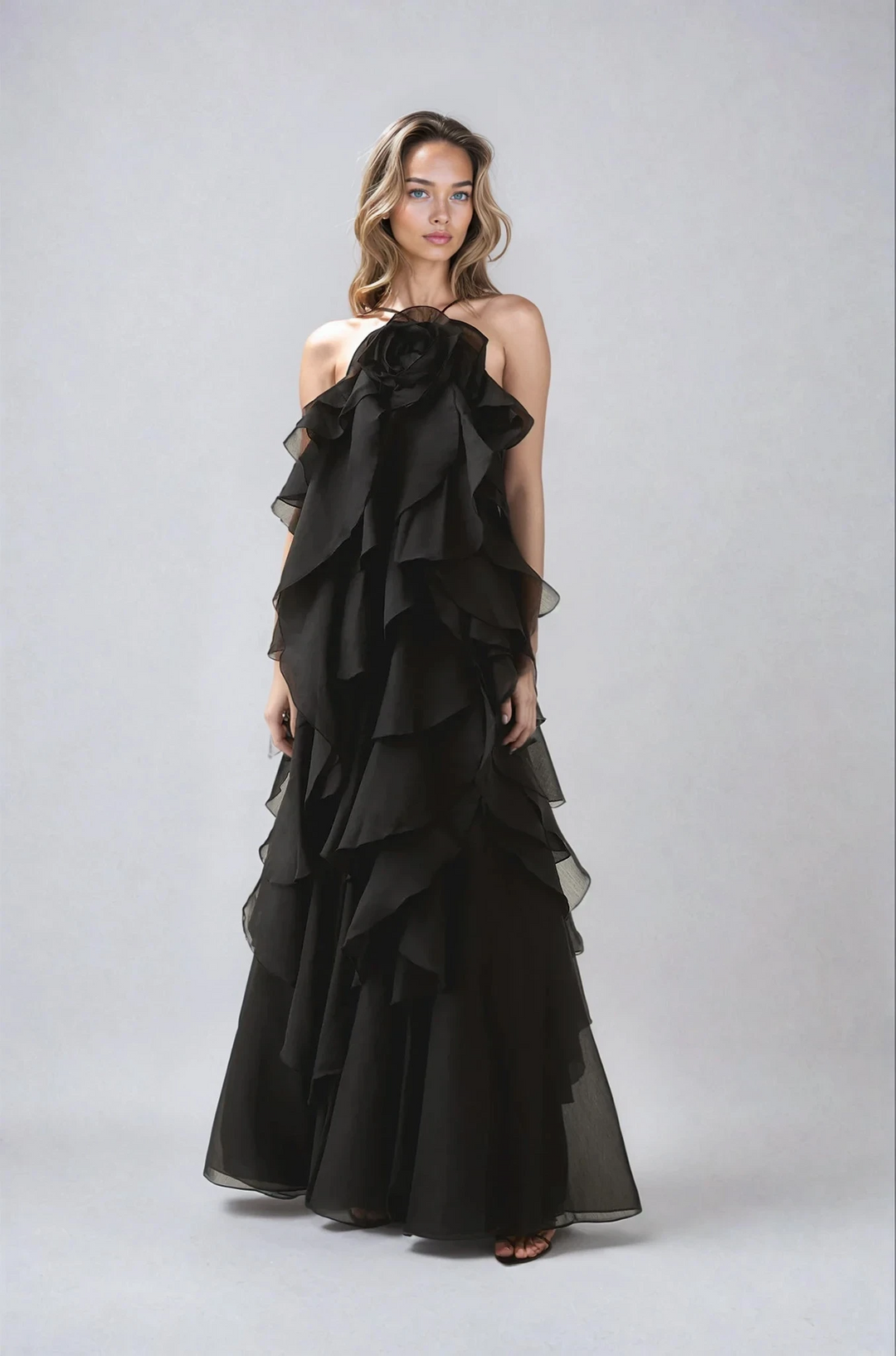 Asena | Women's Long Ruffle Halter Dress - Coral - Image 5