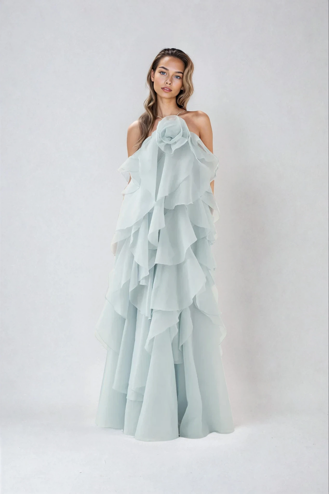 Asena | Women's Long Ruffle Halter Dress - Coral - Image 8