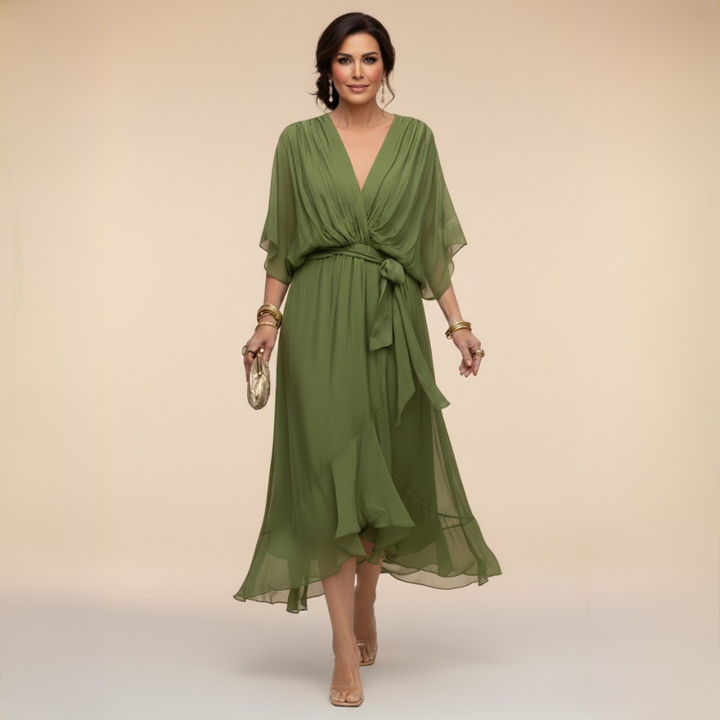 Aspen | Women's Chiffon Wrap Midi Dress in Olive Green - Olive Green - Image 1