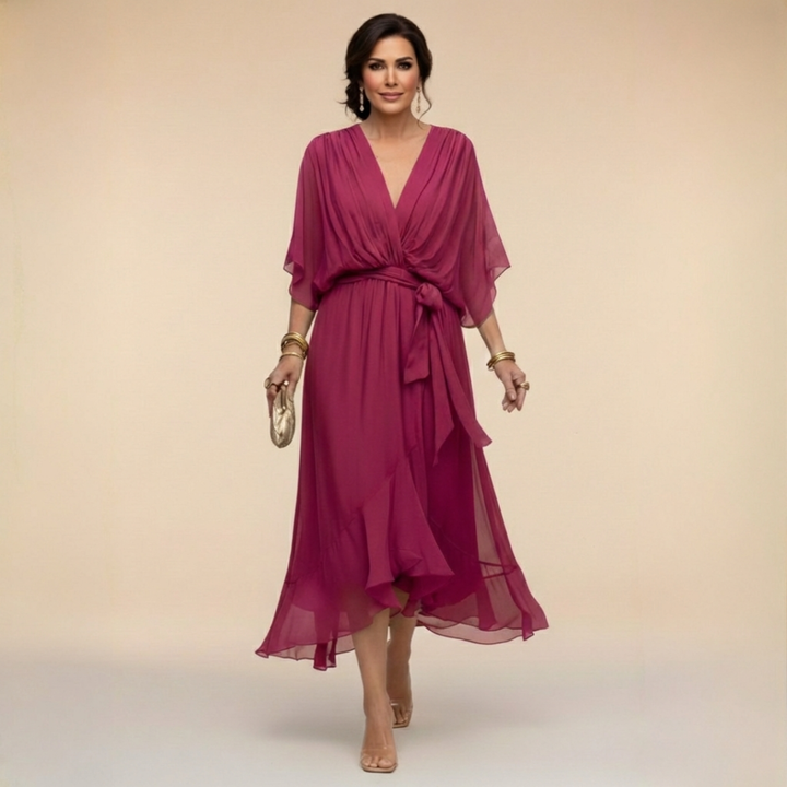 Aspen | Women's Chiffon Wrap Midi Dress in Olive Green - Olive Green - Image 4