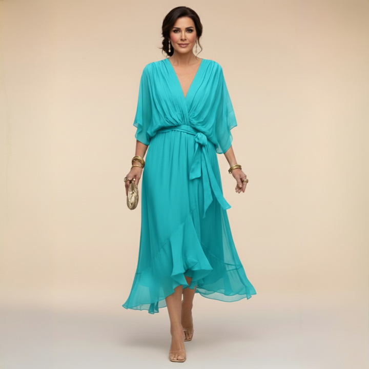Aspen | Women's Chiffon Wrap Midi Dress in Olive Green - Olive Green - Image 5