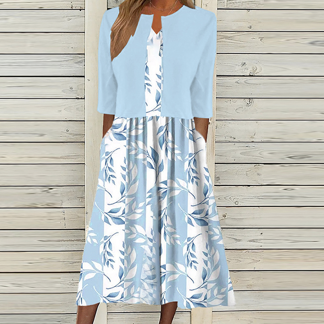 Aspen | Women's Floral Print Midi Dress with Jacket Set - Light Blue - Image 1