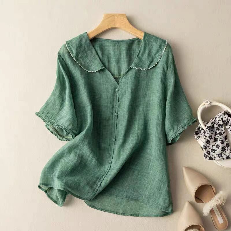 Aspen | Women's Scalloped Collar Linen Blouse - Green - Image 1