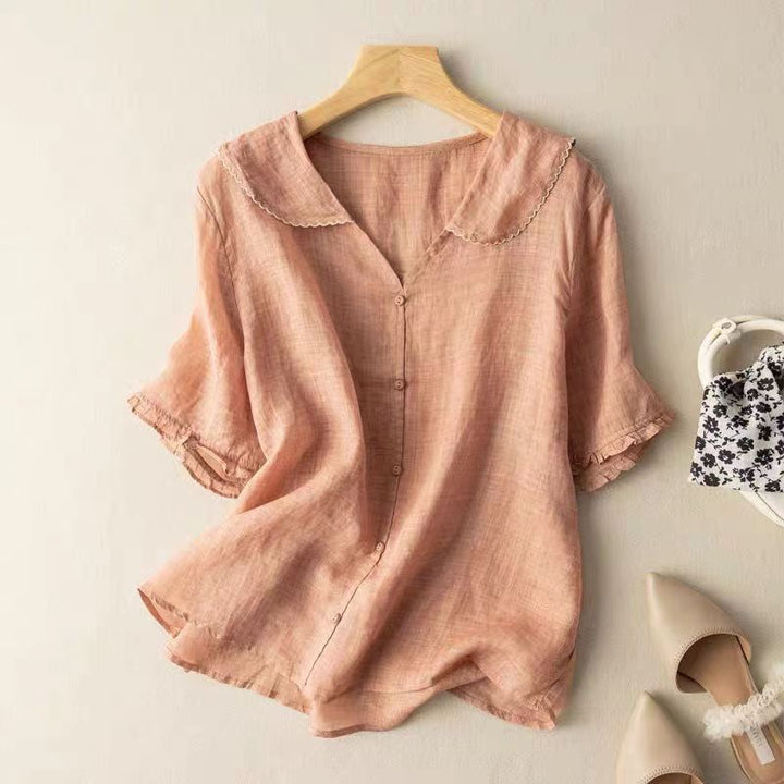 Aspen | Women's Scalloped Collar Linen Blouse - Green - Image 2