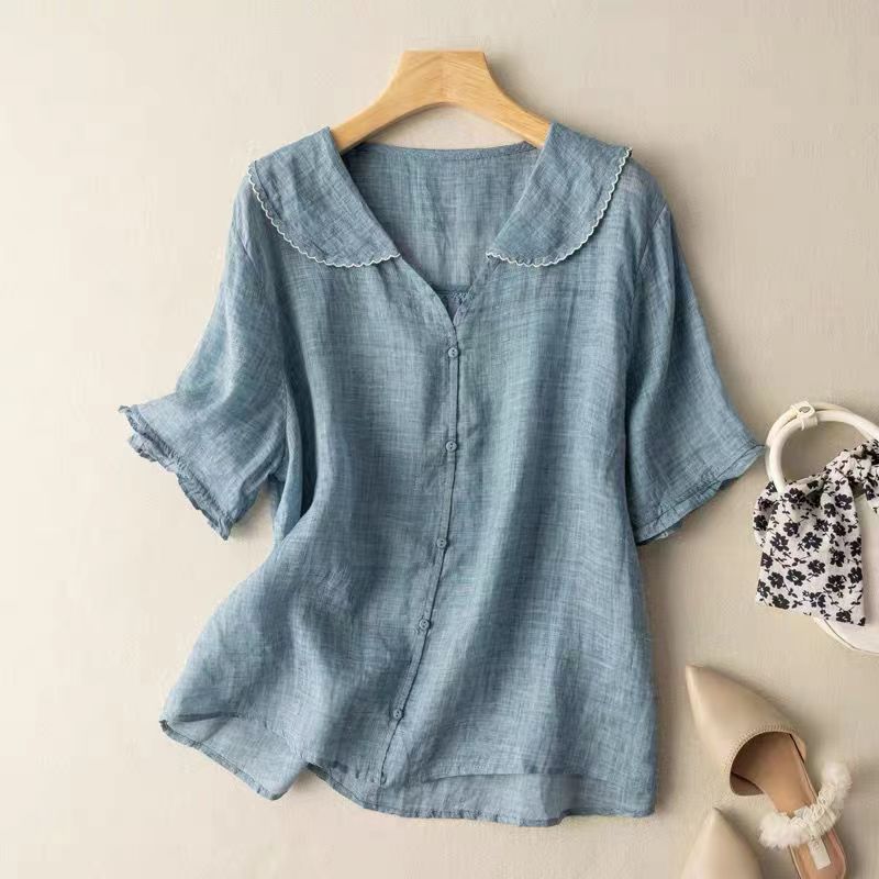 Aspen | Women's Scalloped Collar Linen Blouse - Green - Image 3