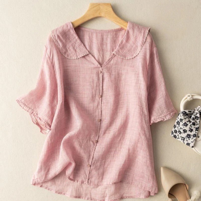 Aspen | Women's Scalloped Collar Linen Blouse - Green - Image 4