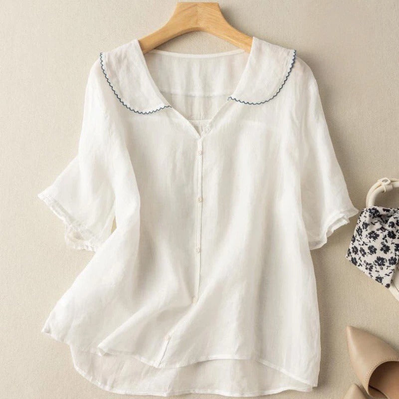 Aspen | Women's Scalloped Collar Linen Blouse - Green - Image 5