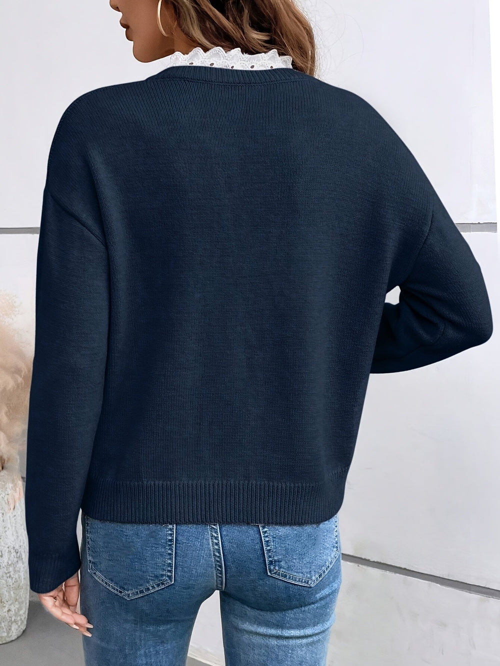 Astoria | Women's V Neck Lace Trim Long Sleeve Top - Navy - Image 2