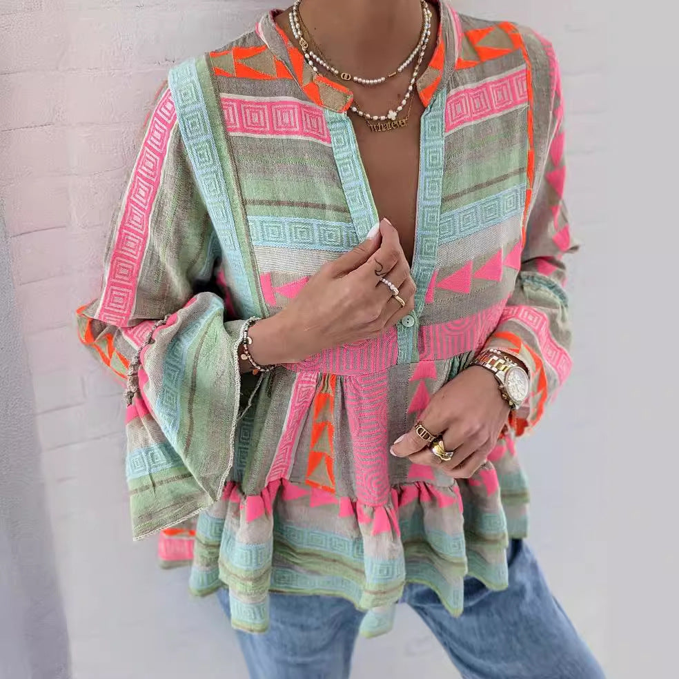 Astrid | Women's Boho Print Ruffle Sleeve Tunic Top - Image 1
