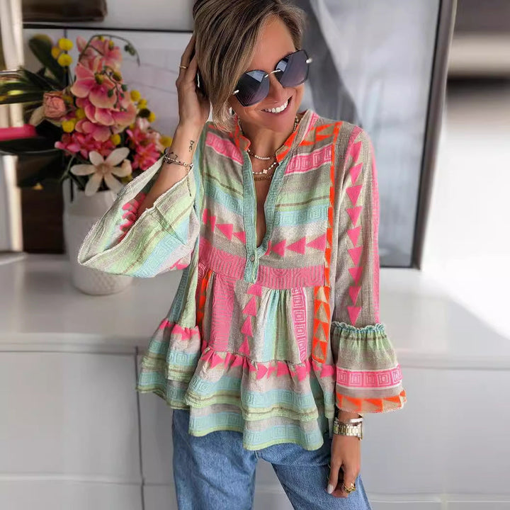 Astrid | Women's Boho Print Ruffle Sleeve Tunic Top - Image 2