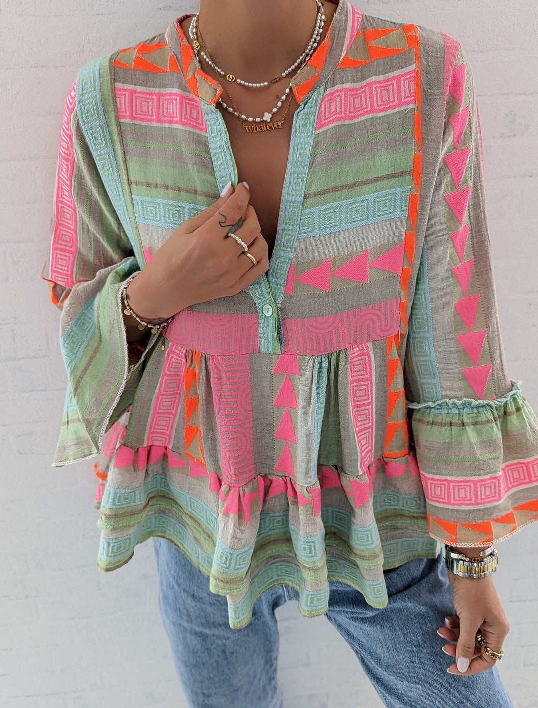 Astrid | Women's Boho Print Ruffle Sleeve Tunic Top - Image 3
