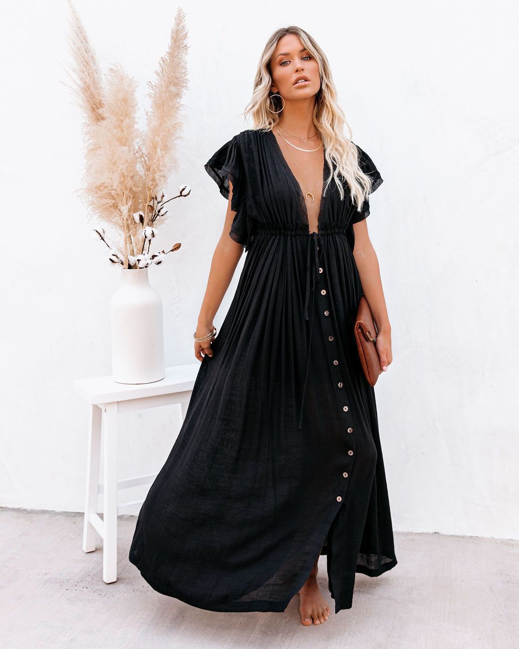 Astrid | Women's Boho V-Neck Button-Down Maxi Dress - Black - Image 1